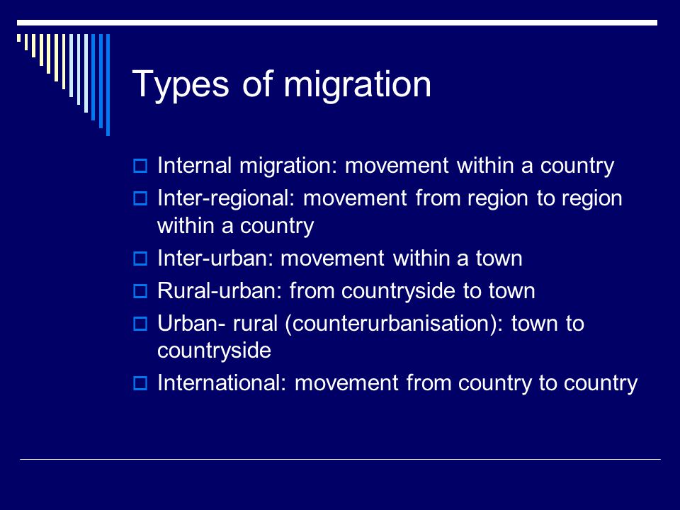 Types of migration  Internal migration: movement within a country  Inter-regional: movement from region to region within a country  Inter-urban: movement within a town  Rural-urban: from countryside to town  Urban- rural (counterurbanisation): town to countryside  International: movement from country to country