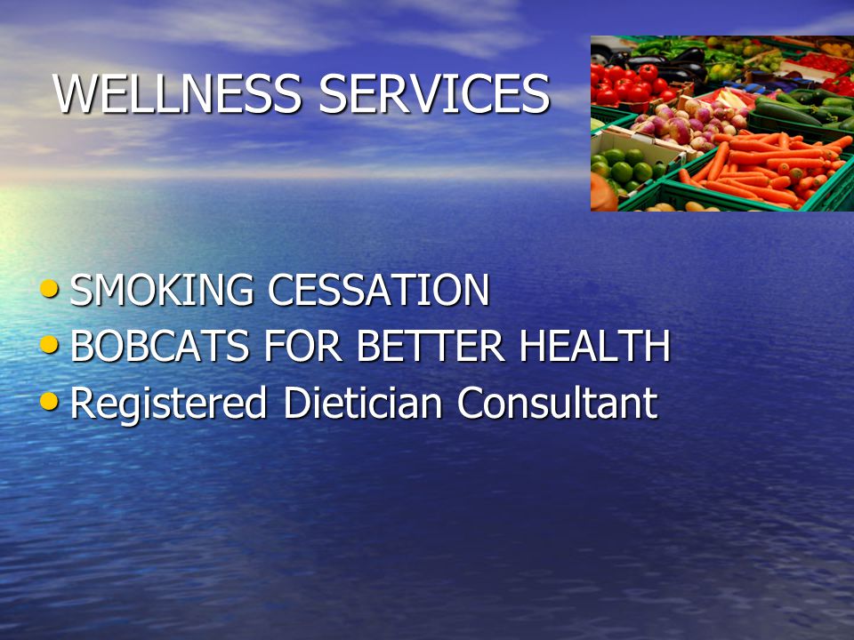 WELLNESS SERVICES SMOKING CESSATION SMOKING CESSATION BOBCATS FOR BETTER HEALTH BOBCATS FOR BETTER HEALTH Registered Dietician Consultant Registered Dietician Consultant