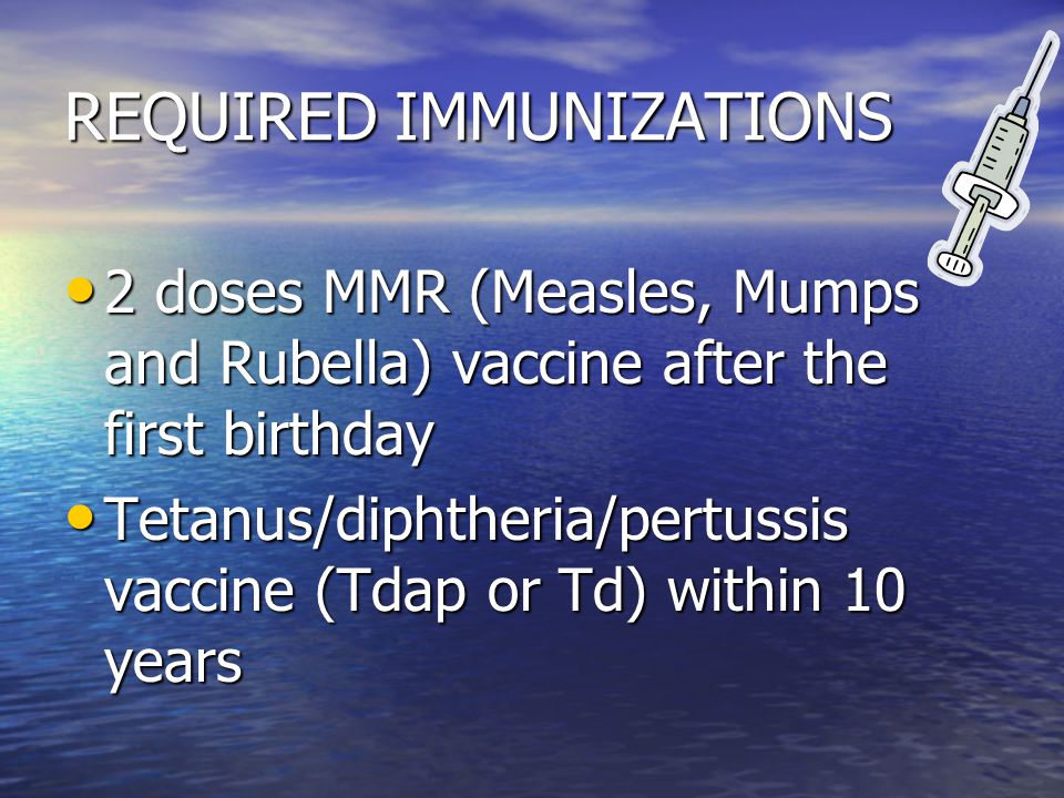 REQUIRED IMMUNIZATIONS 2 doses MMR (Measles, Mumps and Rubella) vaccine after the first birthday 2 doses MMR (Measles, Mumps and Rubella) vaccine after the first birthday Tetanus/diphtheria/pertussis vaccine (Tdap or Td) within 10 years Tetanus/diphtheria/pertussis vaccine (Tdap or Td) within 10 years