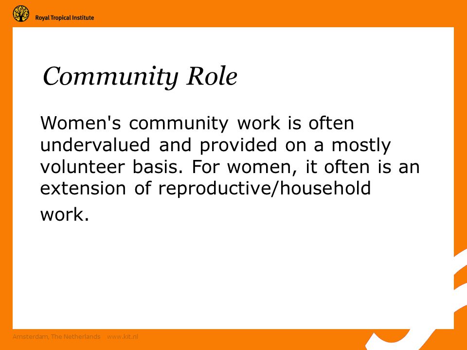 Amsterdam, The Netherlands   Women s community work is often undervalued and provided on a mostly volunteer basis.