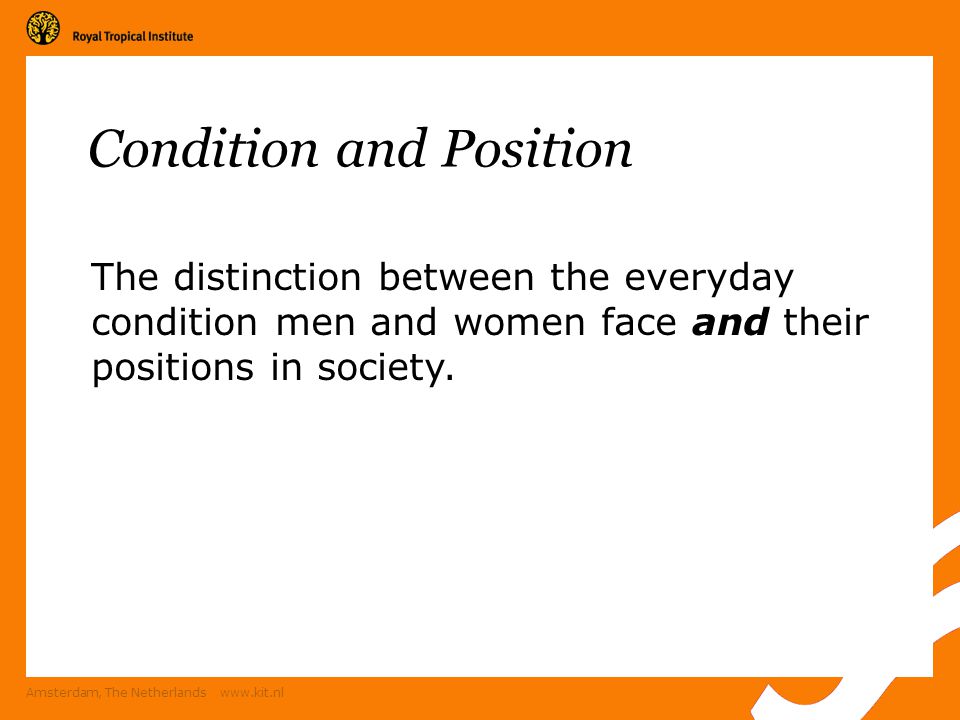 Amsterdam, The Netherlands   Condition and Position The distinction between the everyday condition men and women face and their positions in society.