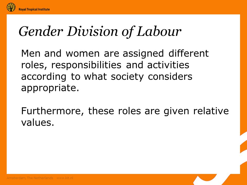 Amsterdam, The Netherlands   Gender Division of Labour Men and women are assigned different roles, responsibilities and activities according to what society considers appropriate.