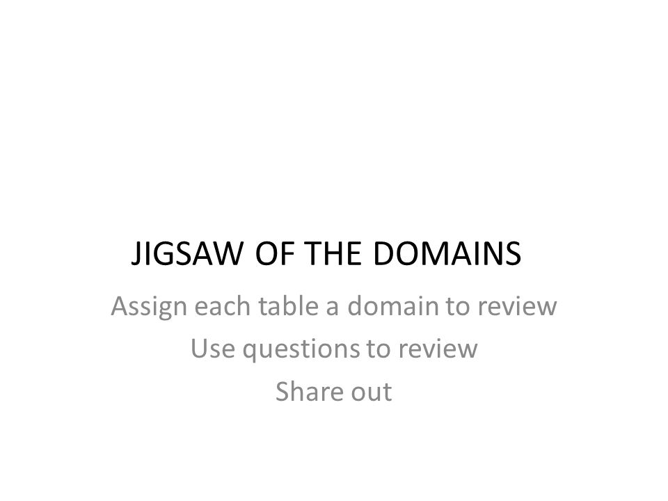 JIGSAW OF THE DOMAINS Assign each table a domain to review Use questions to review Share out