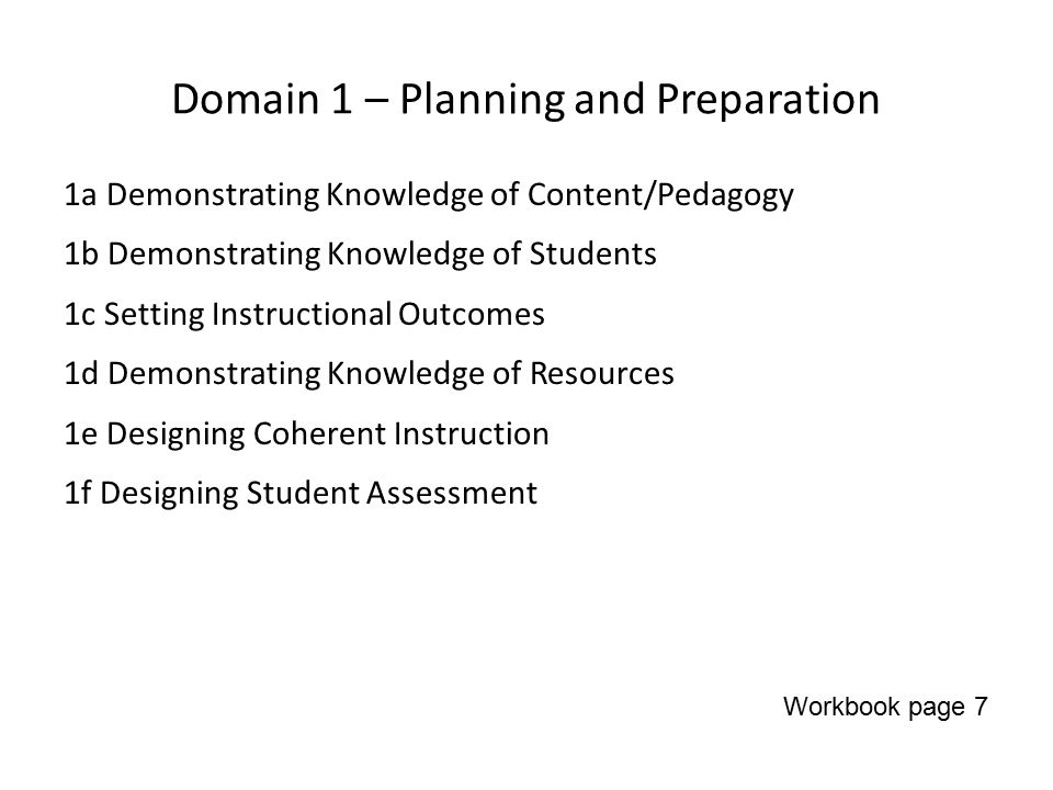 Domain 1 – Planning and Preparation 1a Demonstrating Knowledge of Content/Pedagogy 1b Demonstrating Knowledge of Students 1c Setting Instructional Outcomes 1d Demonstrating Knowledge of Resources 1e Designing Coherent Instruction 1f Designing Student Assessment Workbook page 7