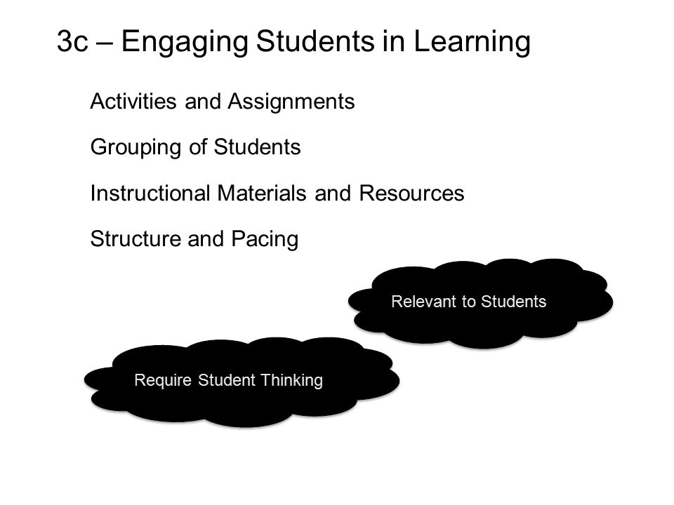 3c – Engaging Students in Learning Activities and Assignments Grouping of Students Instructional Materials and Resources Structure and Pacing Relevant to Students Require Student Thinking