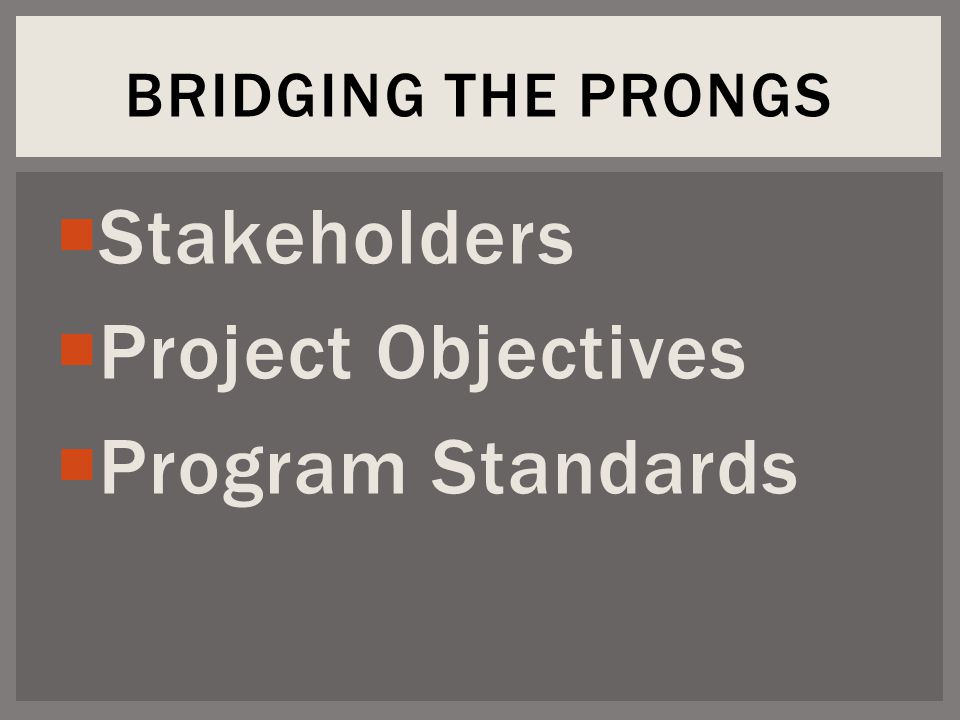  Stakeholders  Project Objectives  Program Standards BRIDGING THE PRONGS