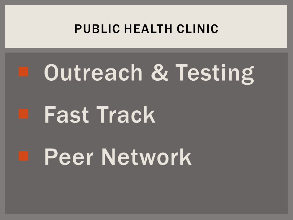  Outreach & Testing  Fast Track  Peer Network PUBLIC HEALTH CLINIC