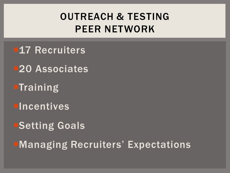  17 Recruiters  20 Associates  Training  Incentives  Setting Goals  Managing Recruiters’ Expectations OUTREACH & TESTING PEER NETWORK