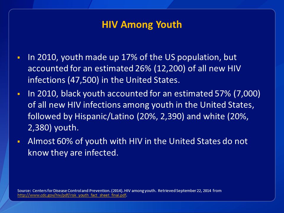 HIV Among Youth  In 2010, youth made up 17% of the US population, but accounted for an estimated 26% (12,200) of all new HIV infections (47,500) in the United States.