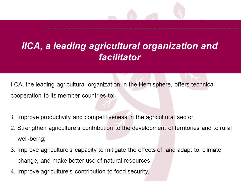 IICA, a leading agricultural organization and facilitator IICA, the leading agricultural organization in the Hemisphere, offers technical cooperation to its member countries to: 1.