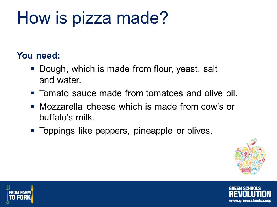 How is pizza made. You need:  Dough, which is made from flour, yeast, salt and water.