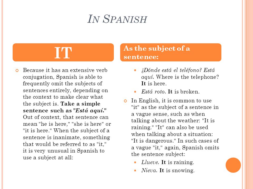 I N S PANISH Because it has an extensive verb conjugation, Spanish is able to frequently omit the subjects of sentences entirely, depending on the context to make clear what the subject is.