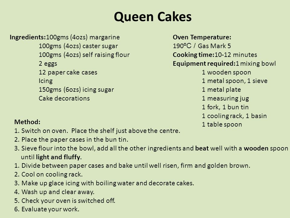 Queen Cakes Ingredients:100gms (4ozs) margarine 100gms (4ozs) caster sugar 100gms (4ozs) self raising flour 2 eggs 12 paper cake cases Icing 150gms (6ozs) icing sugar Cake decorations Oven Temperature: 190 ºC / Gas Mark 5 Cooking time:10-12 minutes Equipment required:1 mixing bowl 1 wooden spoon 1 metal spoon, 1 sieve 1 metal plate 1 measuring jug 1 fork, 1 bun tin 1 cooling rack, 1 basin 1 table spoon Method: 1.Switch on oven.