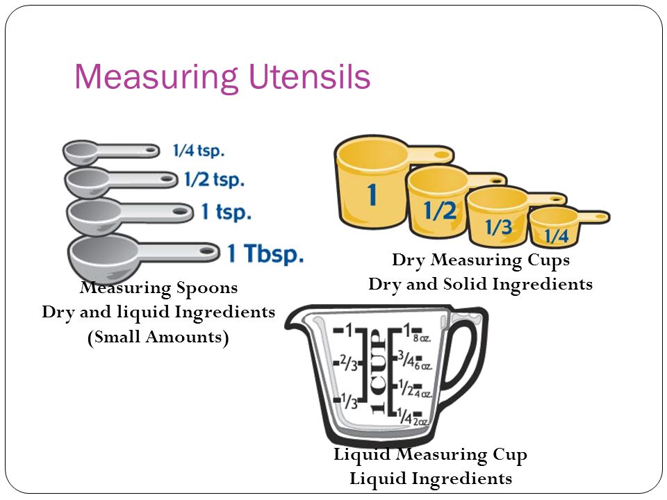 Measuring Utensils Measuring Spoons Dry and liquid Ingredients (Small Amounts) Dry Measuring Cups Dry and Solid Ingredients Liquid Measuring Cup Liquid Ingredients