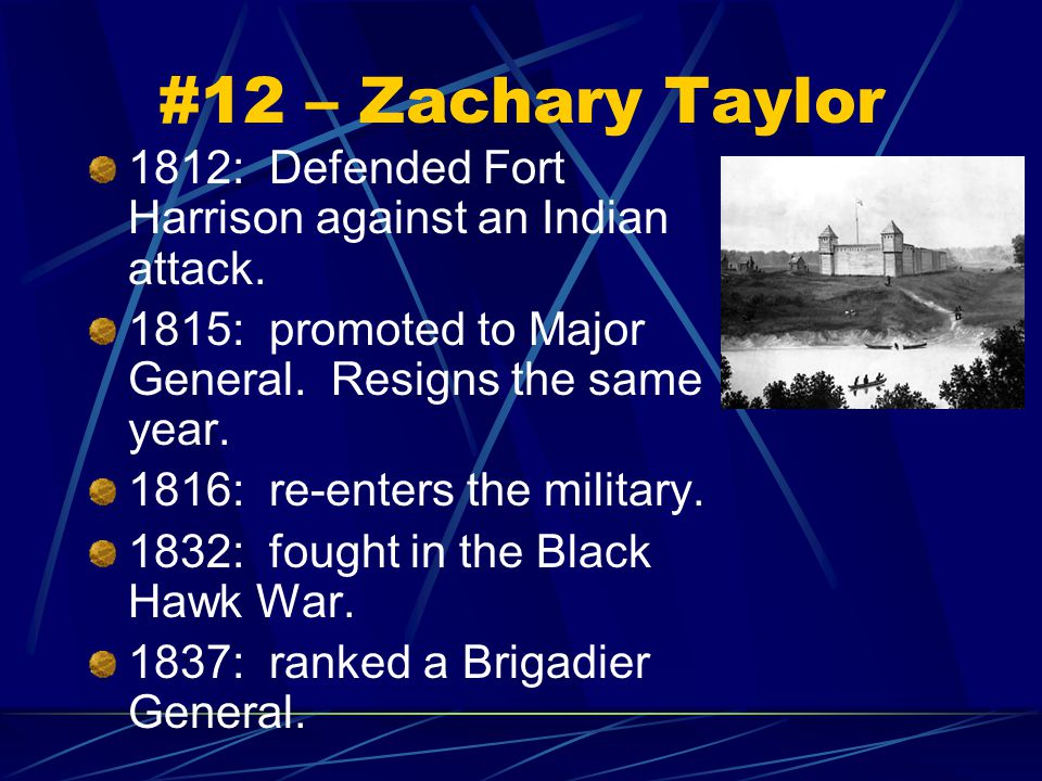 #12 – Zachary Taylor 1812: Defended Fort Harrison against an Indian attack.