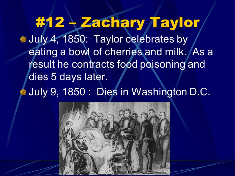 #12 – Zachary Taylor July 4, 1850: Taylor celebrates by eating a bowl of cherries and milk.