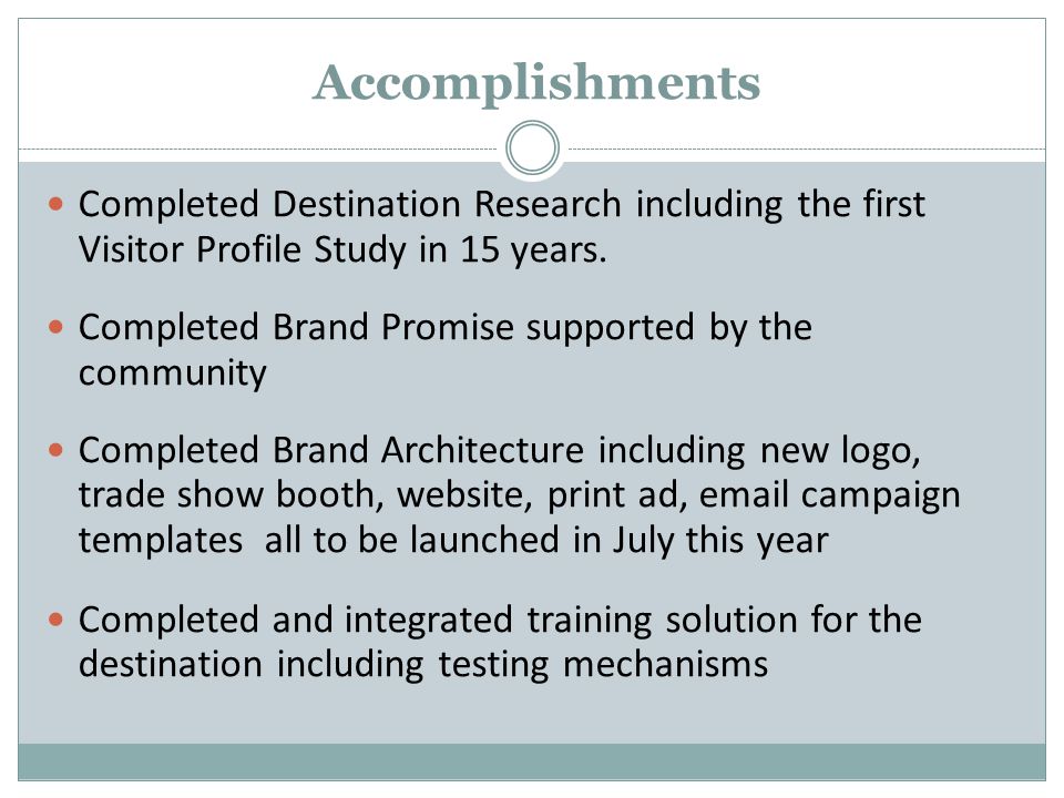 Accomplishments Completed Destination Research including the first Visitor Profile Study in 15 years.