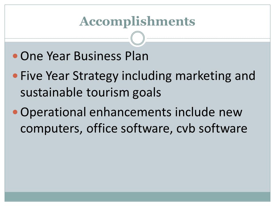 Accomplishments One Year Business Plan Five Year Strategy including marketing and sustainable tourism goals Operational enhancements include new computers, office software, cvb software