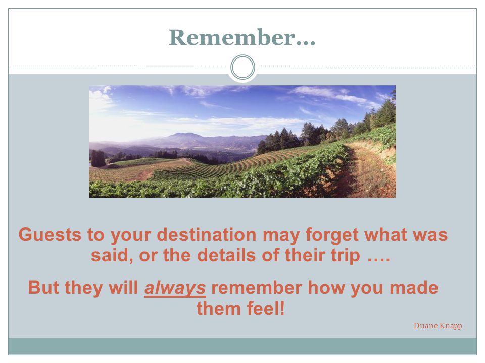 Remember… Guests to your destination may forget what was said, or the details of their trip ….