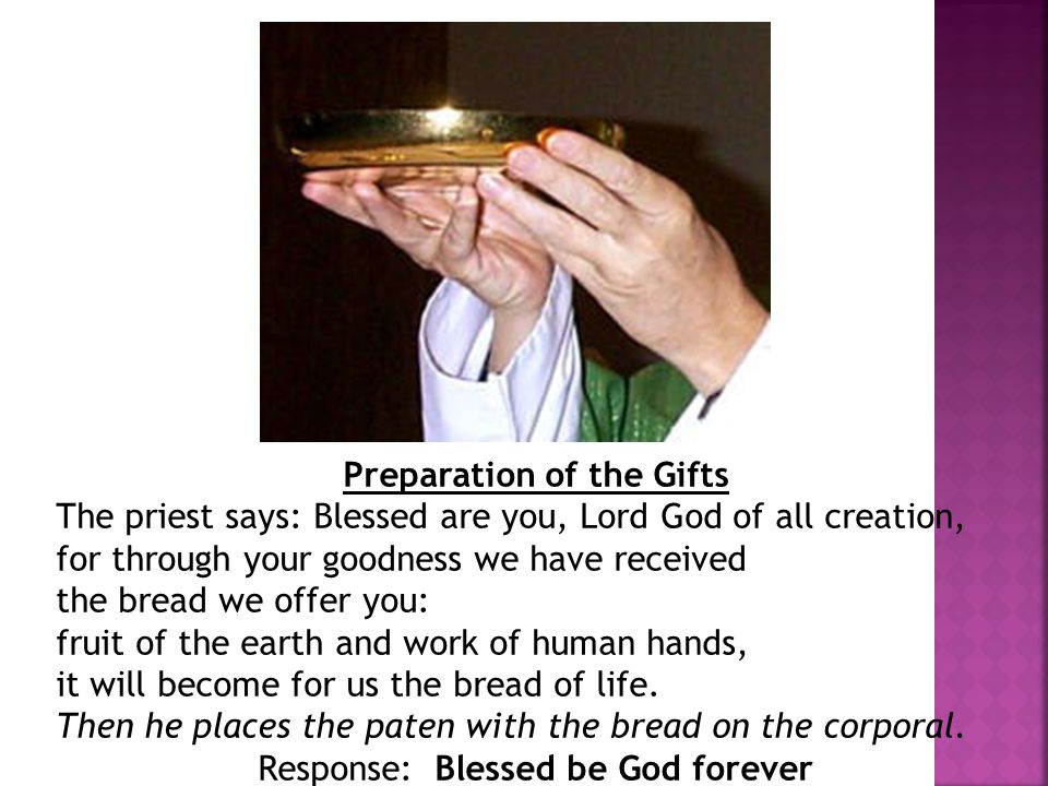Preparation of the Gifts The priest says: Blessed are you, Lord God of all creation, for through your goodness we have received the bread we offer you: fruit of the earth and work of human hands, it will become for us the bread of life.