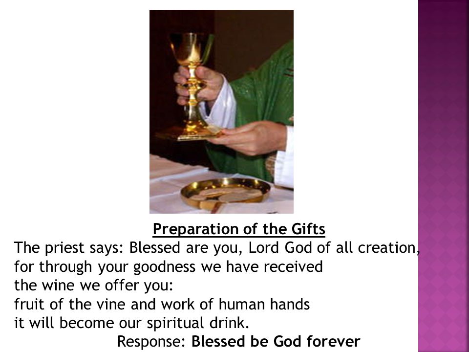 Preparation of the Gifts The priest says: Blessed are you, Lord God of all creation, for through your goodness we have received the wine we offer you: fruit of the vine and work of human hands it will become our spiritual drink.