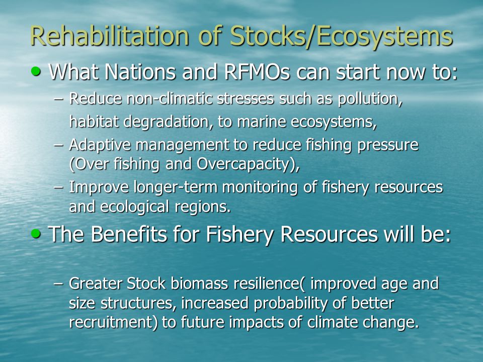 Rehabilitation of Stocks/Ecosystems What Nations and RFMOs can start now to: What Nations and RFMOs can start now to: –Reduce non-climatic stresses such as pollution, habitat degradation, to marine ecosystems, habitat degradation, to marine ecosystems, –Adaptive management to reduce fishing pressure (Over fishing and Overcapacity), –Improve longer-term monitoring of fishery resources and ecological regions.