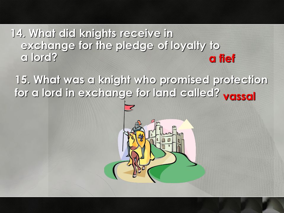 14. What did knights receive in exchange for the pledge of loyalty to a lord.