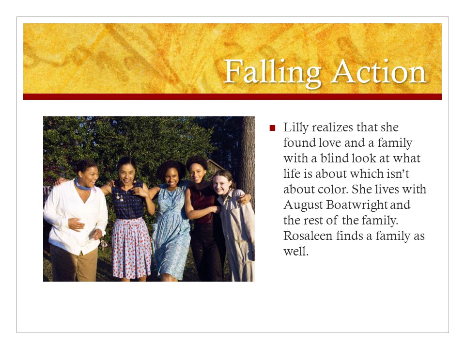 Falling Action Lilly realizes that she found love and a family with a blind look at what life is about which isn’t about color.