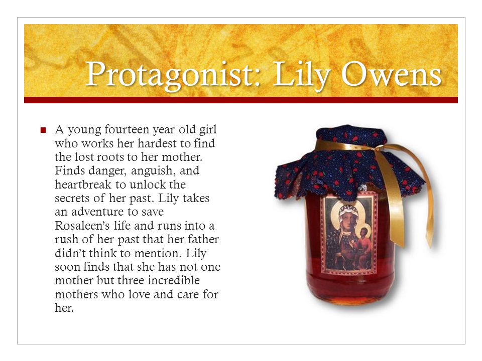 Protagonist: Lily Owens A young fourteen year old girl who works her hardest to find the lost roots to her mother.