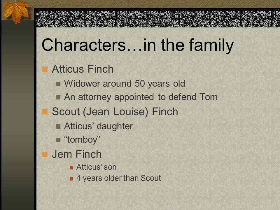 Characters…in the family Atticus Finch Widower around 50 years old An attorney appointed to defend Tom Scout (Jean Louise) Finch Atticus’ daughter tomboy Jem Finch Atticus’ son 4 years older than Scout