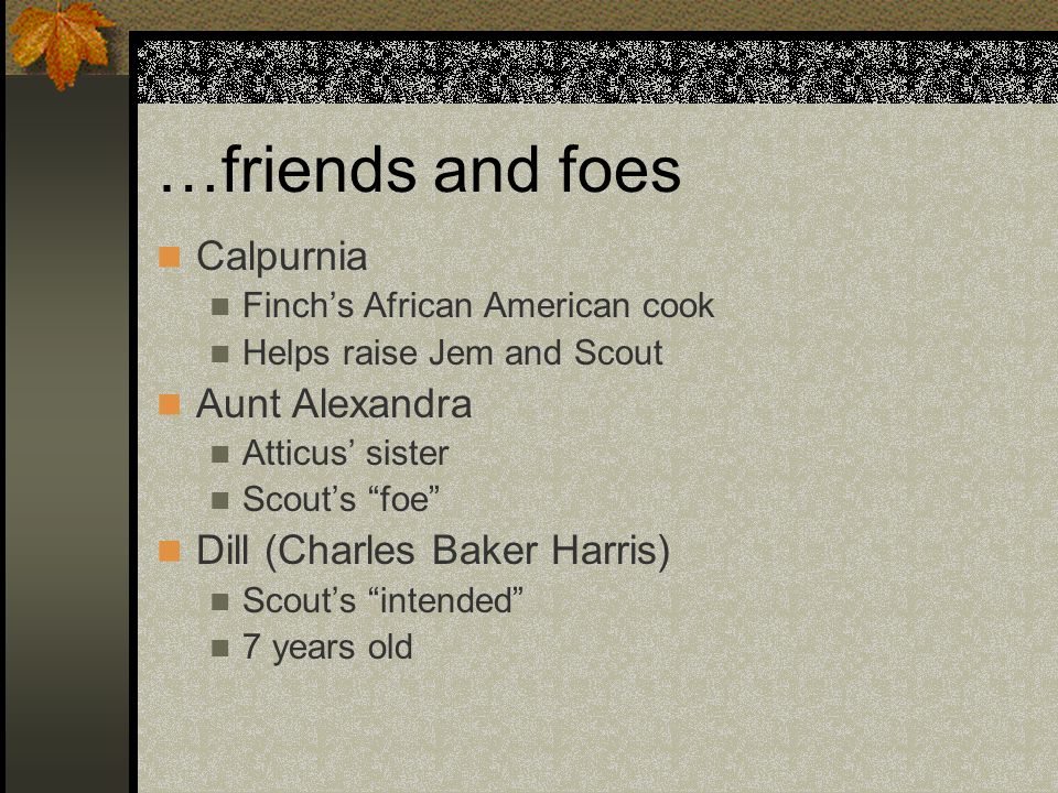 …friends and foes Calpurnia Finch’s African American cook Helps raise Jem and Scout Aunt Alexandra Atticus’ sister Scout’s foe Dill (Charles Baker Harris) Scout’s intended 7 years old