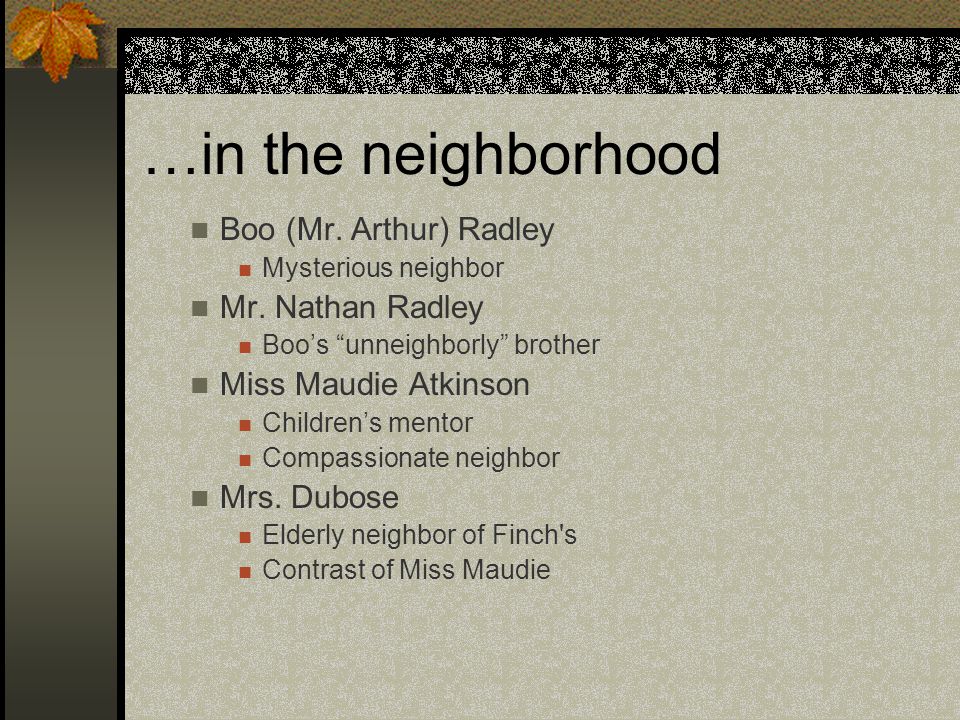…in the neighborhood Boo (Mr. Arthur) Radley Mysterious neighbor Mr.