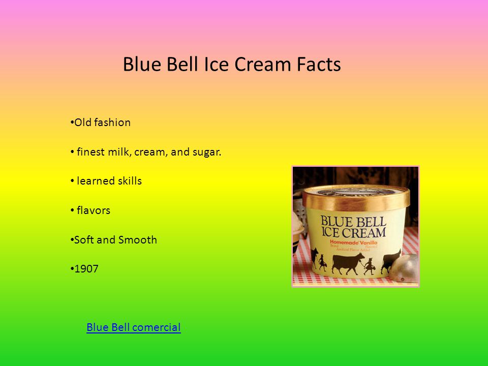 Blue Bell Ice Cream Facts Old fashion finest milk, cream, and sugar.