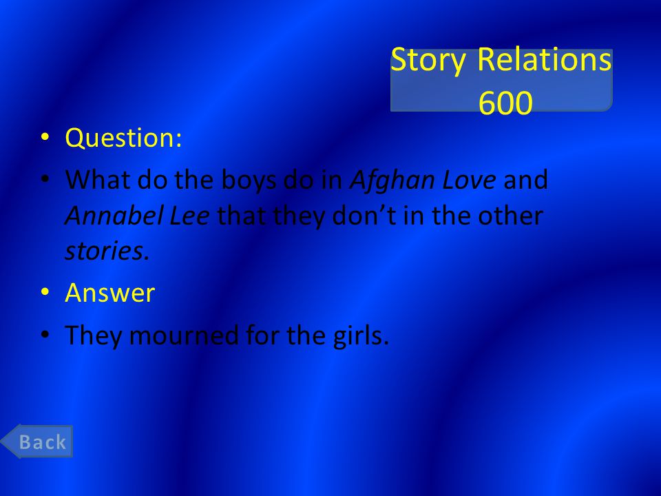 Story Relations 600 Question: What do the boys do in Afghan Love and Annabel Lee that they don’t in the other stories.