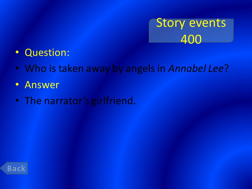 Story events 400 Question: Who is taken away by angels in Annabel Lee.