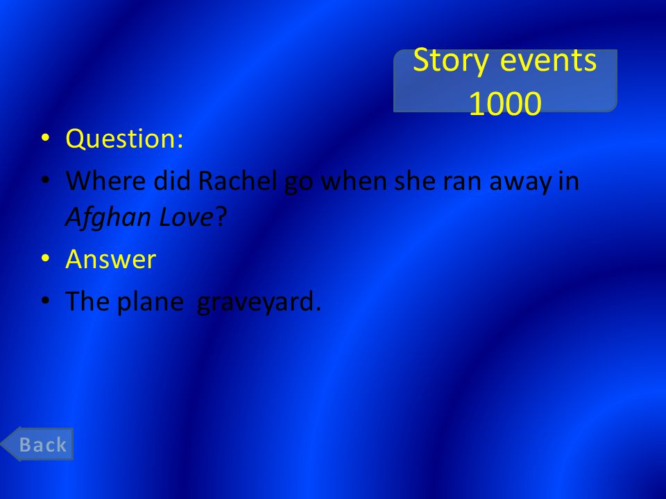 Story events 1000 Question: Where did Rachel go when she ran away in Afghan Love.