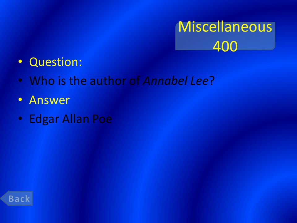 Miscellaneous 400 Question: Who is the author of Annabel Lee Answer Edgar Allan Poe