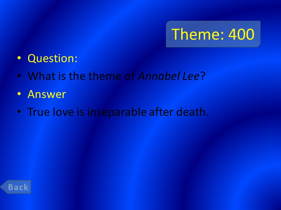 Theme: 400 Question: What is the theme of Annabel Lee Answer True love is inseparable after death.