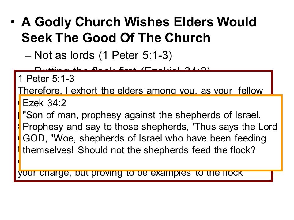 A Godly Church Wishes Elders Would Seek The Good Of The Church –Not as lords (1 Peter 5:1-3) –Putting the flock first (Ezekiel 34:2).