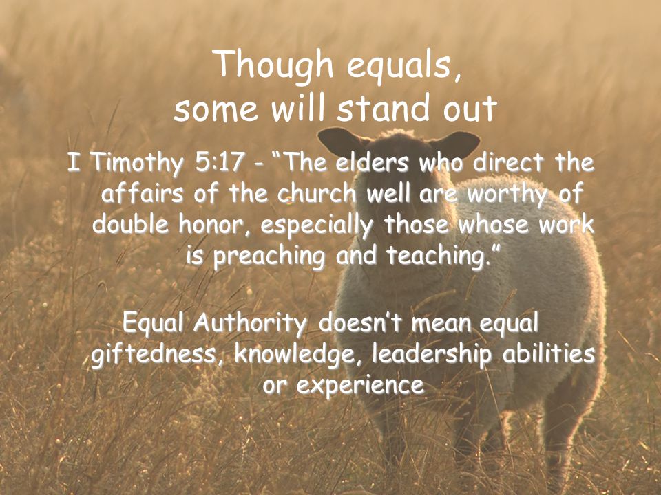 Though equals, some will stand out I Timothy 5:17 - The elders who direct the affairs of the church well are worthy of double honor, especially those whose work is preaching and teaching. Equal Authority doesn’t mean equal giftedness, knowledge, leadership abilities or experience