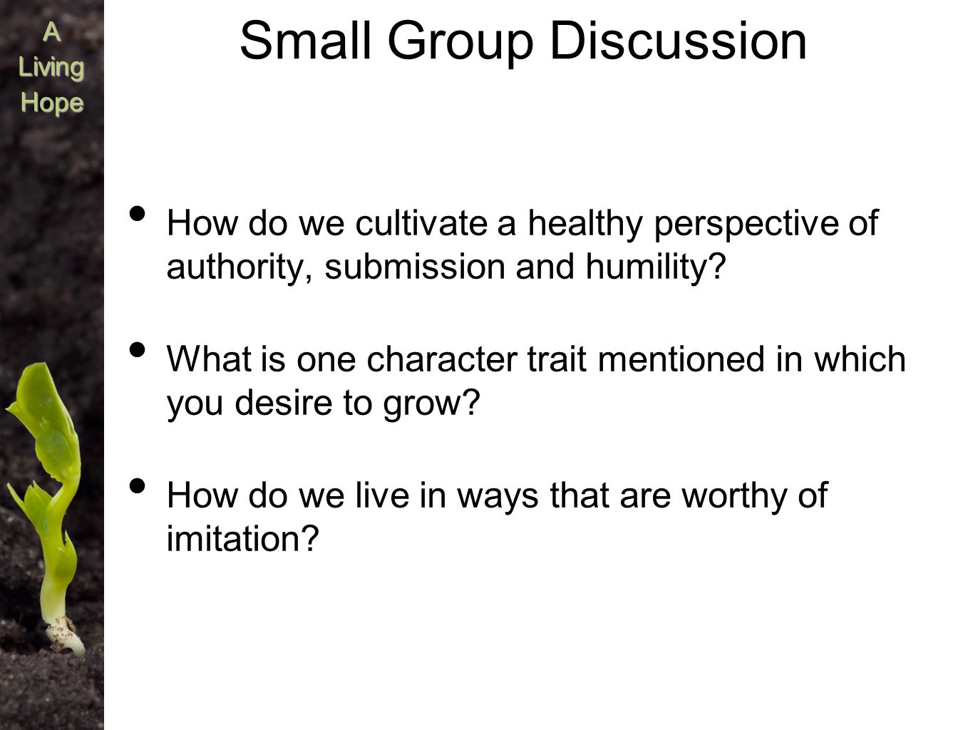 A Living Hope Small Group Discussion How do we cultivate a healthy perspective of authority, submission and humility.