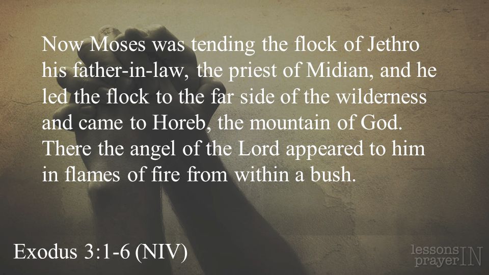 Exodus 3:1-6 (NIV) Now Moses was tending the flock of Jethro his father-in-law, the priest of Midian, and he led the flock to the far side of the wilderness and came to Horeb, the mountain of God.