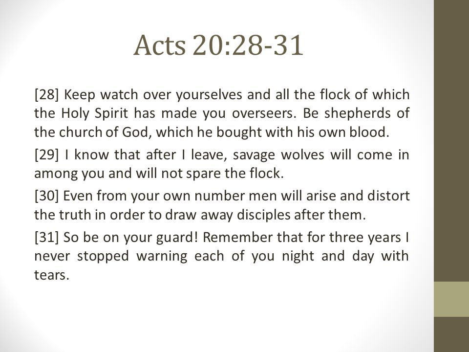 Acts 20:28-31 [28] Keep watch over yourselves and all the flock of which the Holy Spirit has made you overseers.
