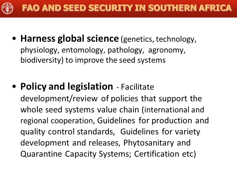 FAO AND SEED SECURITY IN SOUTHERN AFRICA Harness global science (genetics, technology, physiology, entomology, pathology, agronomy, biodiversity) to improve the seed systems Policy and legislation - Facilitate development/review of policies that support the whole seed systems value chain (international and regional cooperation, Guidelines for production and quality control standards, Guidelines for variety development and releases, Phytosanitary and Quarantine Capacity Systems; Certification etc)
