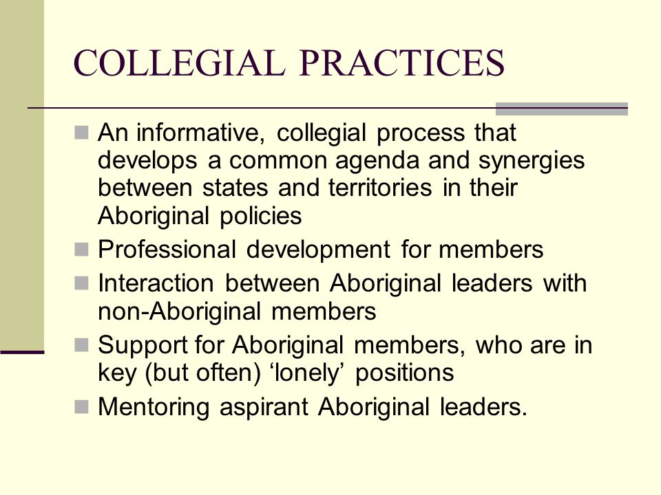 COLLEGIAL PRACTICES An informative, collegial process that develops a common agenda and synergies between states and territories in their Aboriginal policies Professional development for members Interaction between Aboriginal leaders with non-Aboriginal members Support for Aboriginal members, who are in key (but often) ‘lonely’ positions Mentoring aspirant Aboriginal leaders.