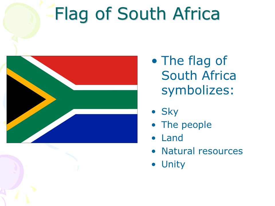 Flag of South Africa The flag of South Africa symbolizes: Sky The people Land Natural resources Unity
