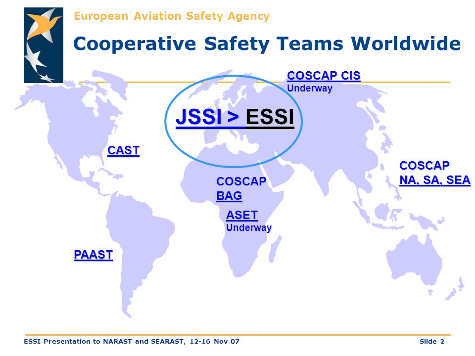European Aviation Safety Agency Slide 2ESSI Presentation to NARAST and SEARAST, Nov 07 Cooperative Safety Teams Worldwide CAST PAAST JSSI > ESSI ASETUnderway COSCAP CIS Underway COSCAP NA, SA, SEA 3 / 25 COSCAPBAG