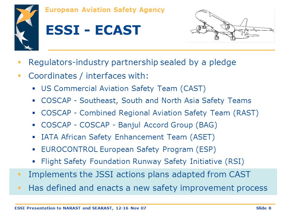 European Aviation Safety Agency Slide 8ESSI Presentation to NARAST and SEARAST, Nov 07 ESSI - ECAST  Regulators-industry partnership sealed by a pledge  Coordinates / interfaces with:  US Commercial Aviation Safety Team (CAST)  COSCAP - Southeast, South and North Asia Safety Teams  COSCAP - Combined Regional Aviation Safety Team (RAST)  COSCAP - COSCAP - Banjul Accord Group (BAG)  IATA African Safety Enhancement Team (ASET)  EUROCONTROL European Safety Program (ESP)  Flight Safety Foundation Runway Safety Initiative (RSI)  Implements the JSSI actions plans adapted from CAST  Has defined and enacts a new safety improvement process