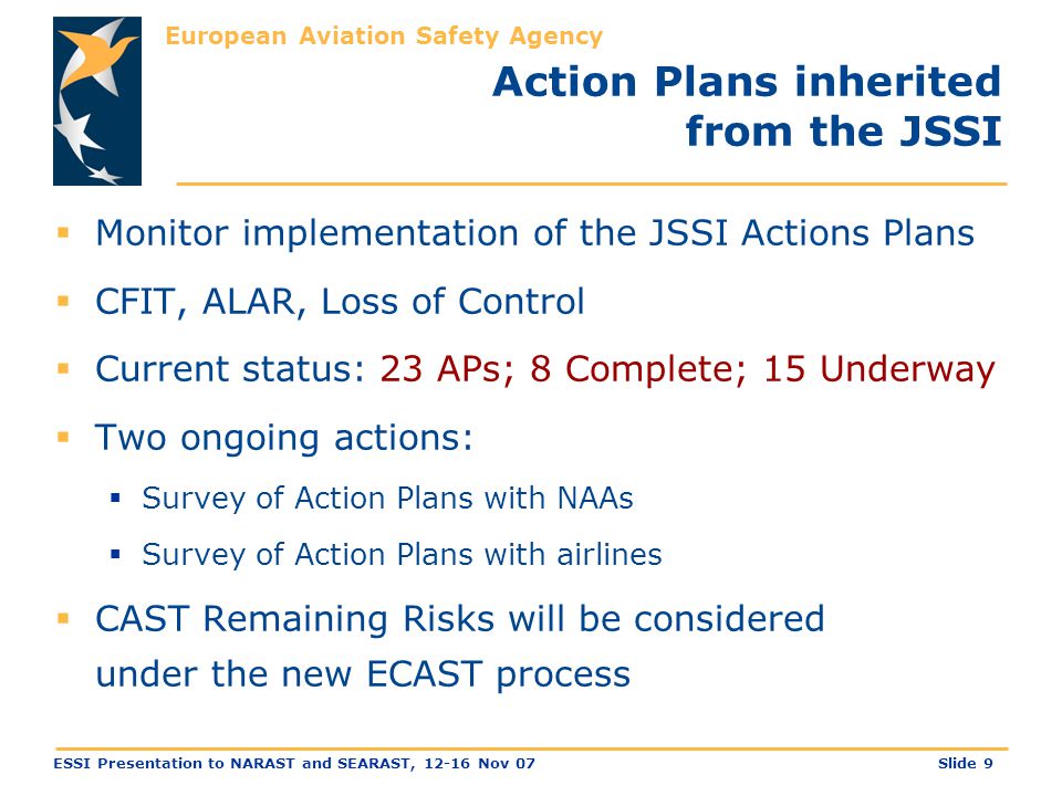 European Aviation Safety Agency Slide 9ESSI Presentation to NARAST and SEARAST, Nov 07  Monitor implementation of the JSSI Actions Plans  CFIT, ALAR, Loss of Control  Current status: 23 APs; 8 Complete; 15 Underway  Two ongoing actions:  Survey of Action Plans with NAAs  Survey of Action Plans with airlines  CAST Remaining Risks will be considered under the new ECAST process Action Plans inherited from the JSSI