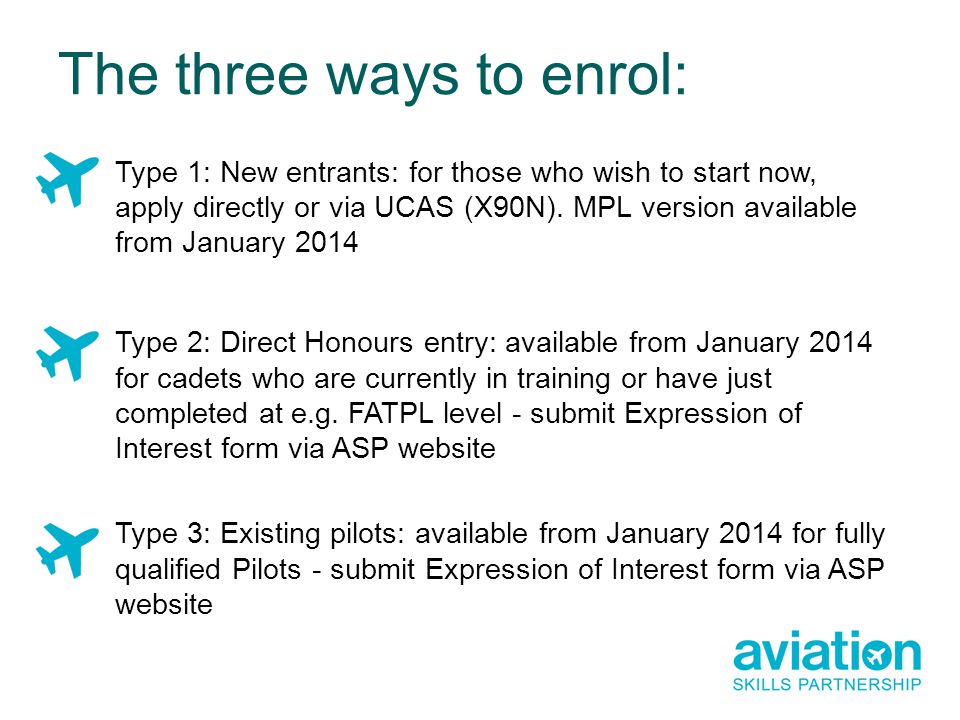 The three ways to enrol: Type 1: New entrants: for those who wish to start now, apply directly or via UCAS (X90N).